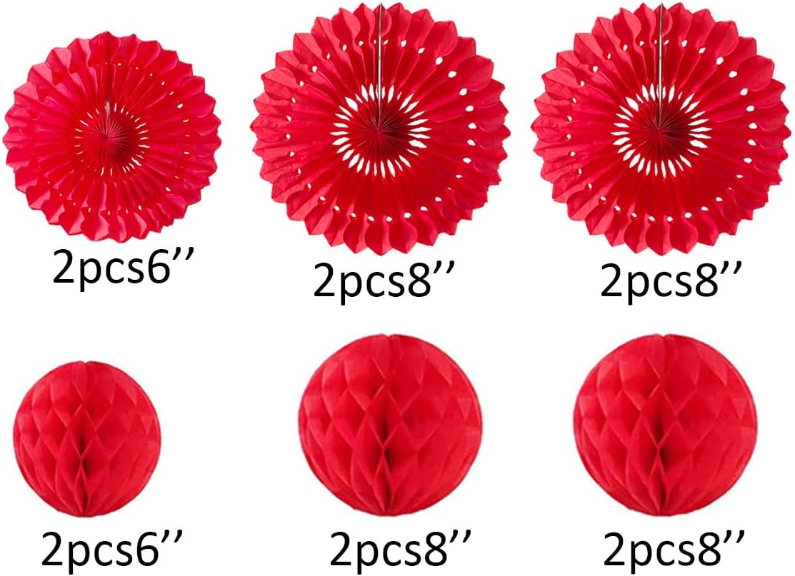 12pcs 6'' 8'' Red Honeycomb Balls Tissue Paper Fans Party Honeycomb Ball Fans Wall Decor Tissue Pom Poms Flower Balls Hanging Paper Fans for Party Baby Shower Birthday Wedding Nursery Decor(red kit)
