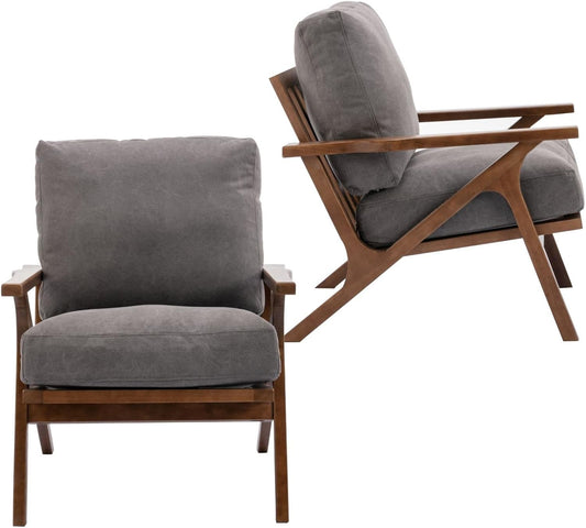 HNY Set of 2 Mid Century Accent Chair, Upholstered Armchair with Wood Frame and Canvas Cushions, Leisure Reading Chair Slipper Chair for Living Room, Bedroom, Gray