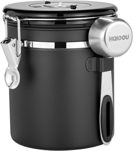 HAIOOU Airtight Coffee Canister, 16OZ Small Stainless Steel Coffee Bean Storage Container with Date Tracker, Measuring Scoop, CO2 Releasing Valves and Mini Tongs for Beans, Grounds and more - Black
