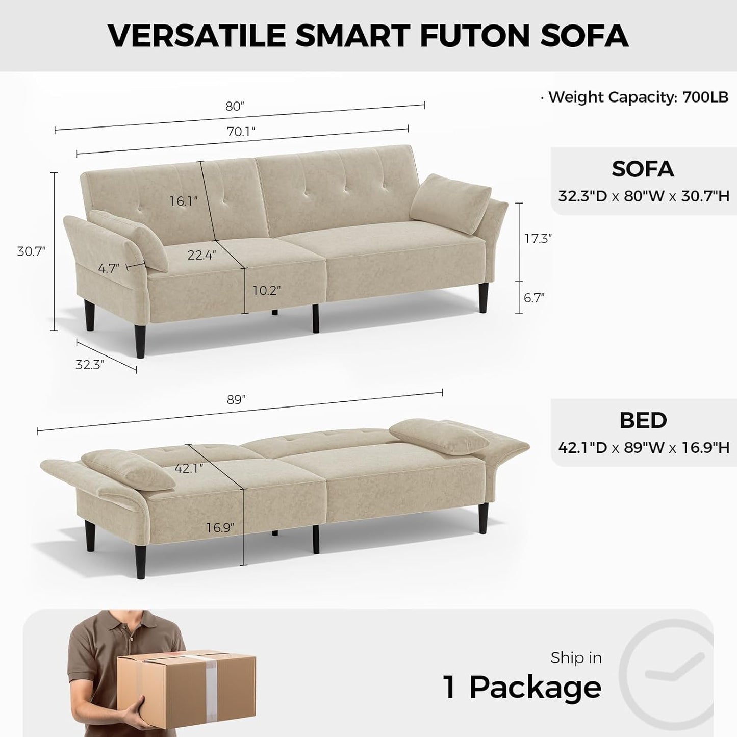 89” Futon Sofa Bed, Velvet Fabric Comfy Futon Couch Bed with 2 Square Pillows, Convertible Sleeper Sofa with Adjustable Backrest& Armrests, Modern Loveseat Sleeper for Living Room, Beige