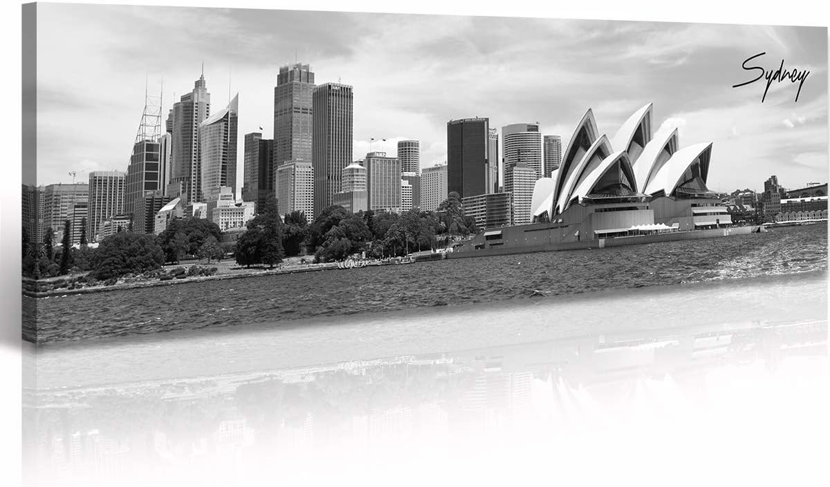 DJSYLIFE Sydney Skyline Wall Art Decor Canvas Print Black and White City Building Landscape Poster Australia Cityscape Modern Artwork Painting for Bedroom Office Home Decoration - 13.8" x 47.3"