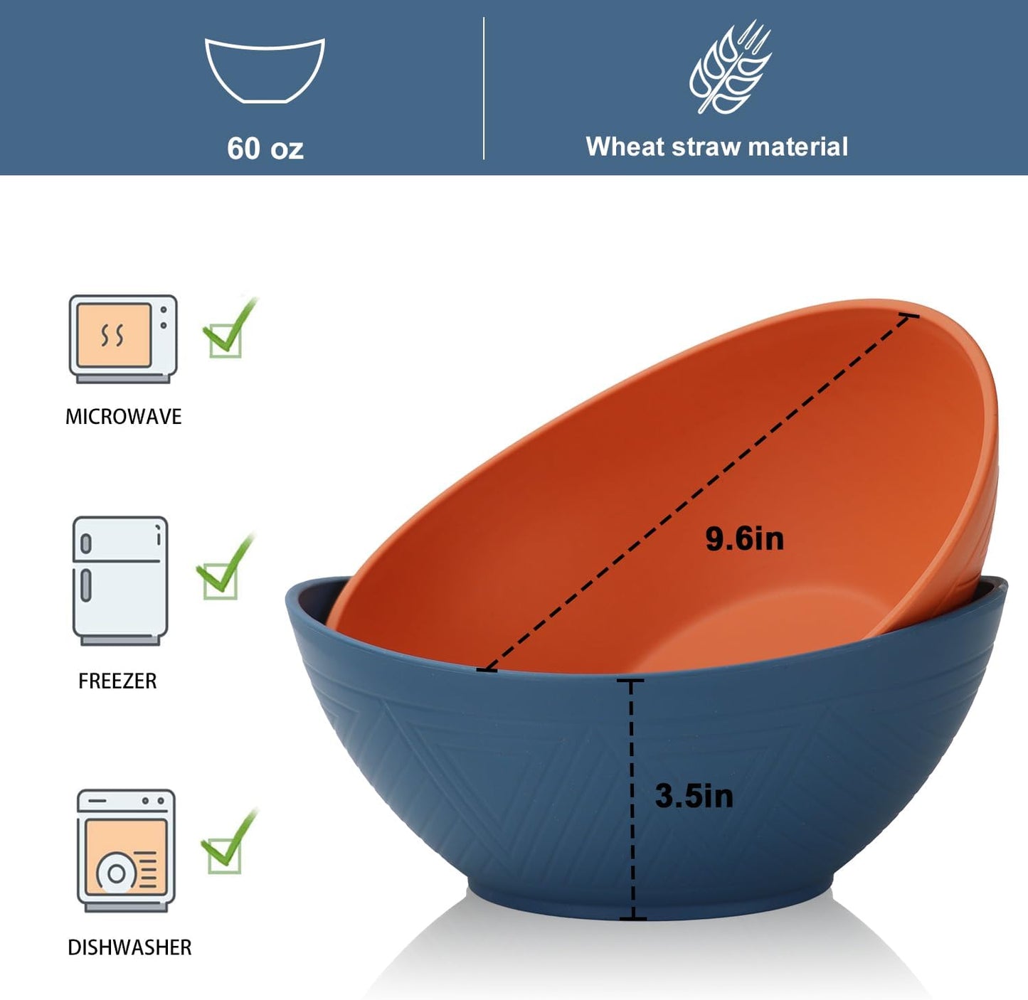 65oz Big Salad Bowls - Large Wheat Straw Bowls set of 6 - Unbreakable Serving Bowls - Microwave & Dishwasher Safe Bowl for Cereal,Salad - Vibrant Series