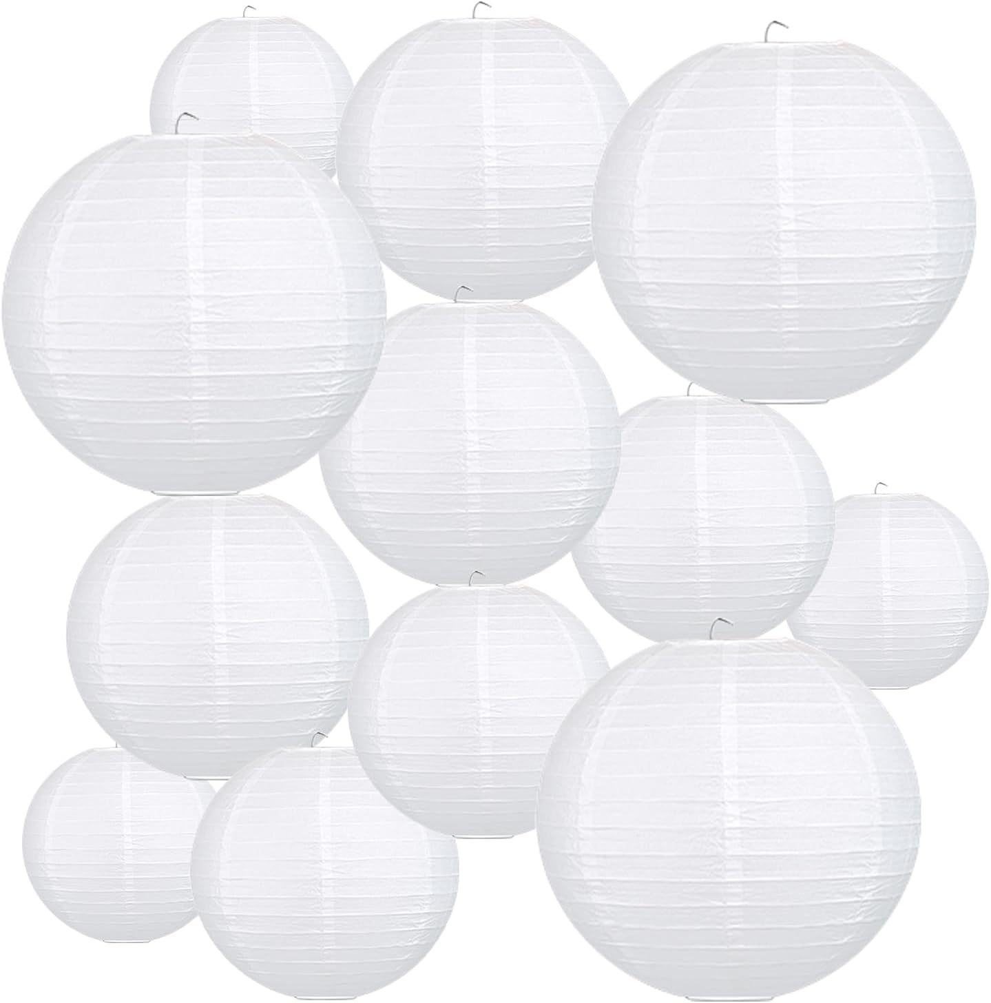 12Pcs Round Paper Lanterns Assorted Sizes (6" 8" 10" 12") for Home Decor, Restaurant, Church, Wedding, Birthday Party Decorations, Hanging Chinese Japanese Paper Lantern Lamps (White)