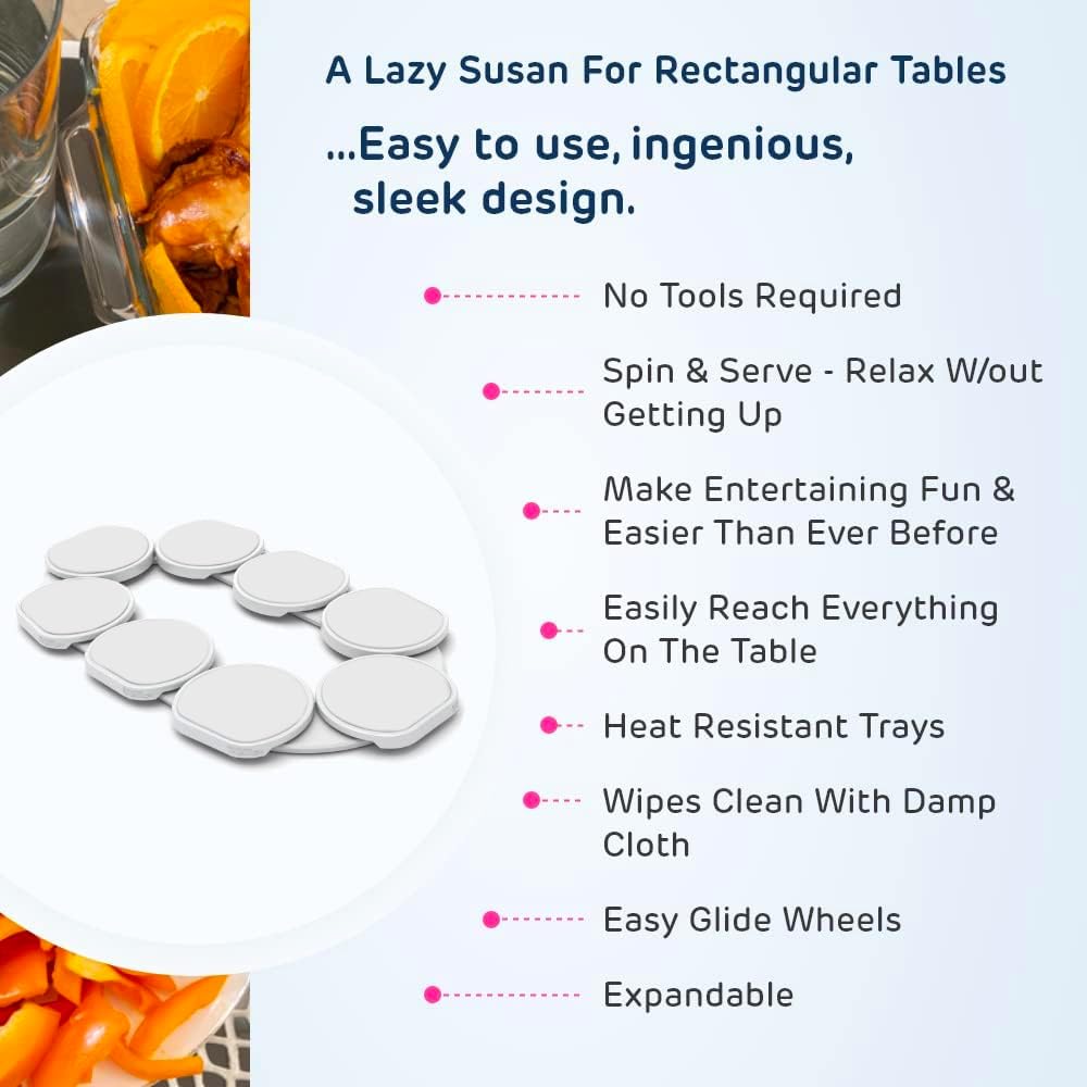 Full Set - White - The First Patented Lazy Susan Turntable Expandable for Rectangular & Oblong Tables - Kitchen & Dining Tables - Great Gift! Parties & Gatherings.