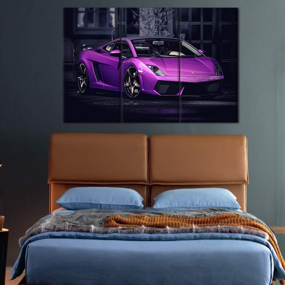 TUMOVO 3 Pieces Purple Sports Car Wall Art Picture Home Decoration Living Room Canvas Print Painting Wall Picture on Canvas with Frame Ready to Hang - 28 x 14inch x 3 Panel