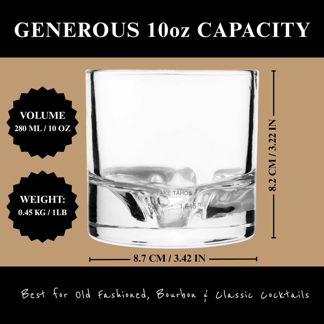 Lake Tahoe Heavy Crystal Whiskey Glasses Gift Set of 2, Thick Freezable Bourbon Glass 1lb Each, Premium Whiskey Gifts for Men, Frozen Crystal Chills Cocktails, 10 oz