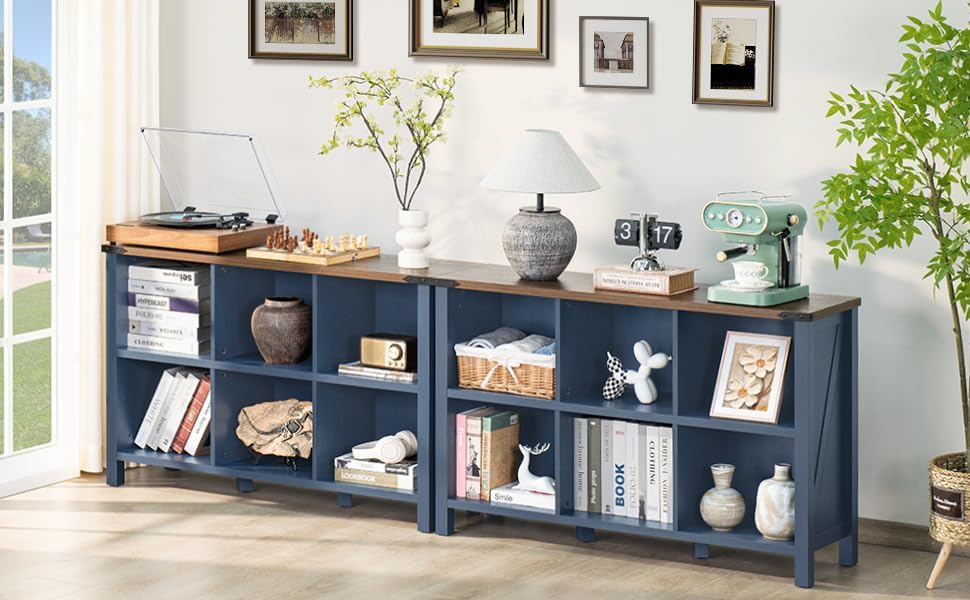 6 Cube Bookcase, Farmhouse Wood Low Storage Organizer Book Shelf, 47" Horizontal Navy Blue Console Bookshelf with Legs, Hallway Book Case for Entryway, Display Cabinet for Living Room, Office