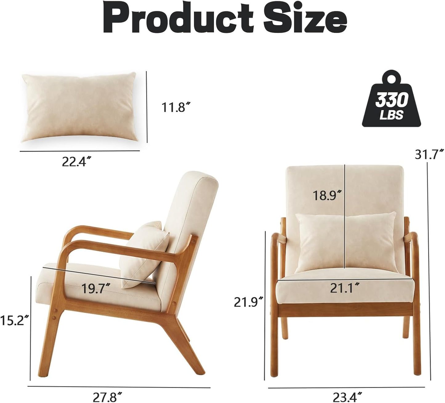 Accent Chair Mid Century Modern Armchair with Lumbar Support Pillow Wood Legs PU Leather Upholstered Lounge Chairs Comfy High Back Cushion for Living Room Bedroom