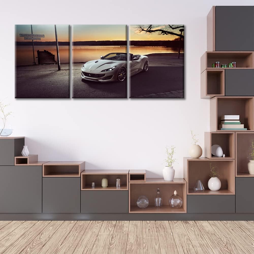 TUMOVO White Sports Car Canvas Wall Art for Living Room Hypercar by the Lake Modern Abstract Painting 3 Pieces Supercar Picture for Bedroom Office Home Wall Decorations Frame Wall Decor, 36" Wx16 H
