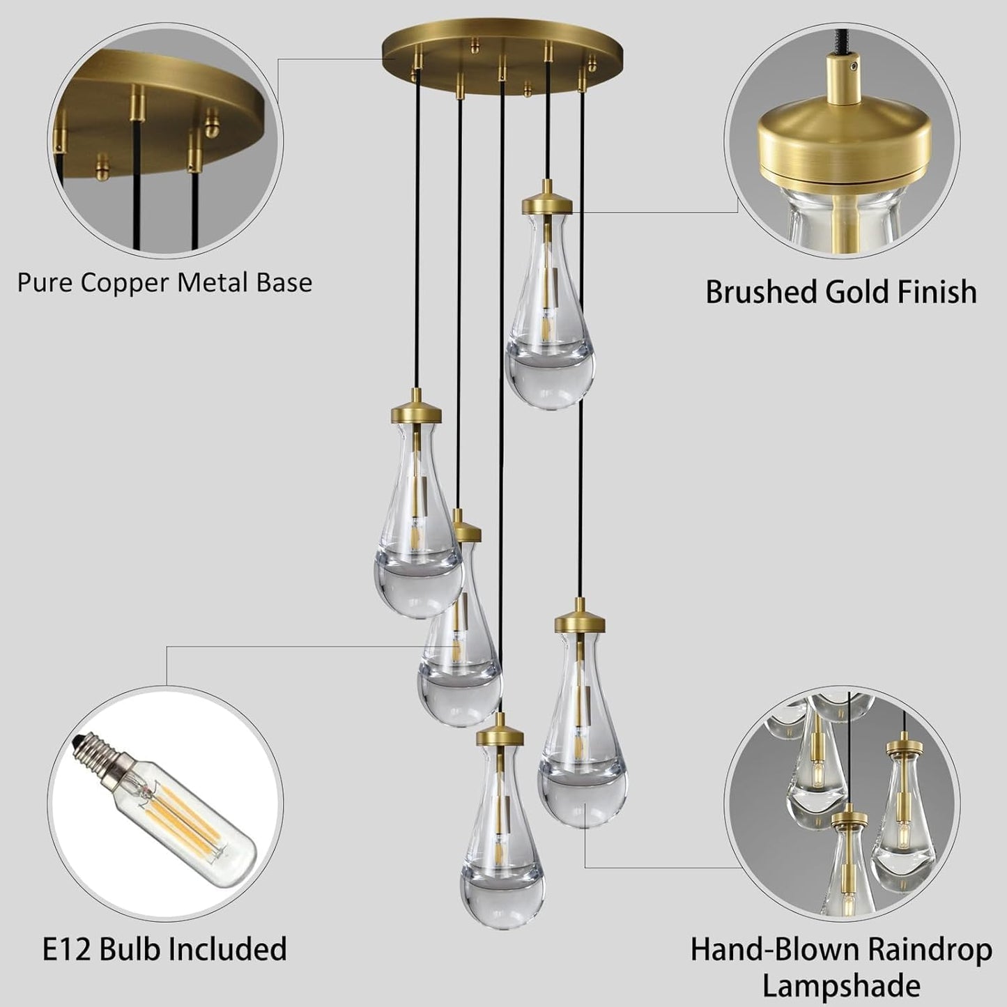 Gold 5 Light Cluster Pendant Lighting, Raindrop Chandeliers Brass Dining Room Lights Fixture, Teardrop Pendant Lights Kitchen Island, Hanging Lamp Ceiling for Entryway Foyer Staircase