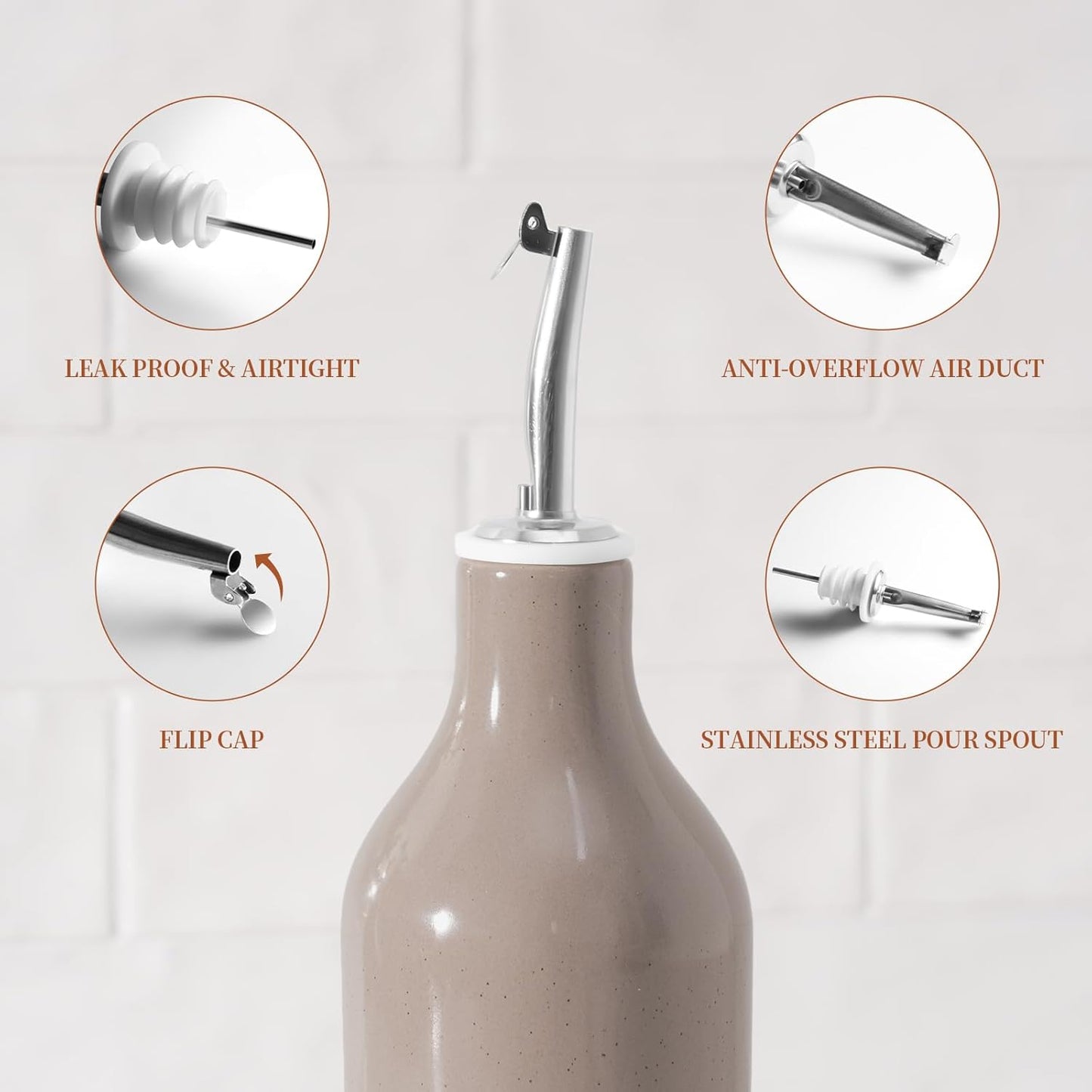 famiware Milkyway 16oz Ceramic Olive Oil Dispenser Bottle, Olive Oil and Vinegar Dispenser Bottle Set of 2 with Stainless Steel Pourers, Suitable for Storage Vinegar, Liquids, Cinnamon Brown