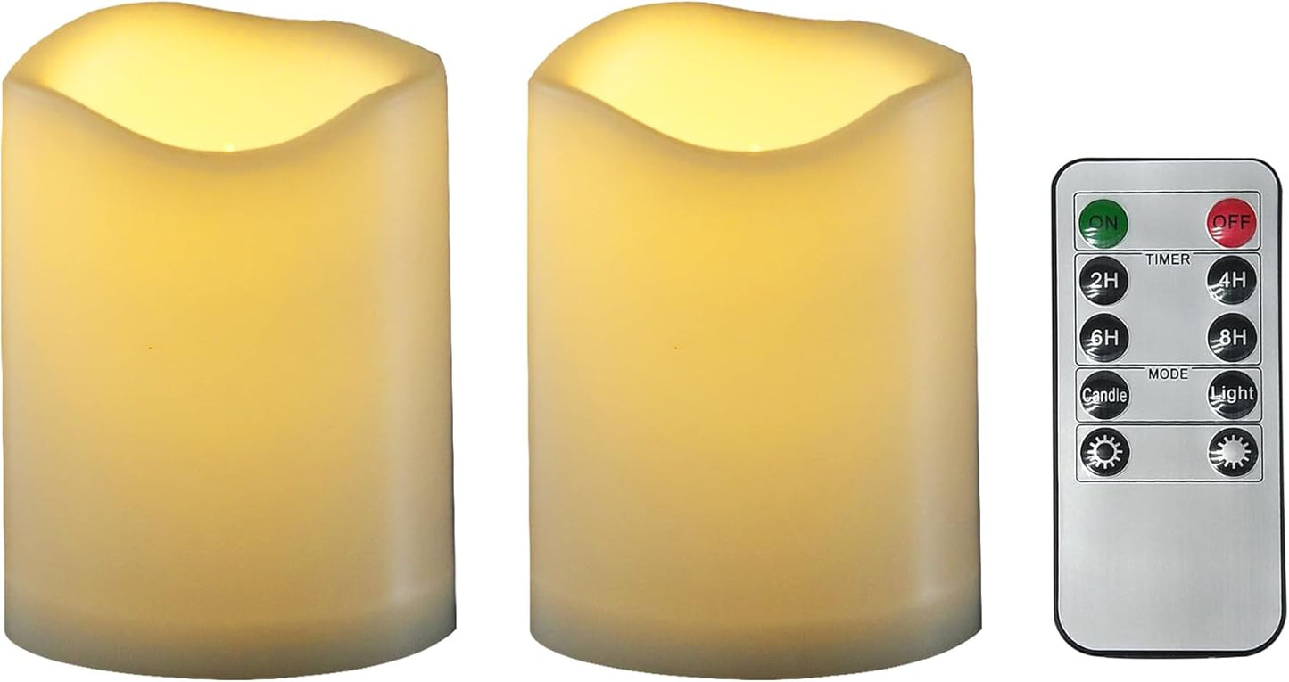 CANDLE CHOICE Waterproof Outdoor Battery Operated Flameless Candles with Remote Timer Plastic Flickering Fake Electric LED Pillars for Lantern Garden Wedding Christmas Decorations 3x4 Inches 2 PCS