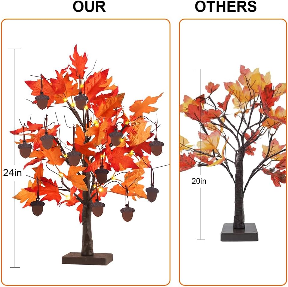 YEAHOME Fall Decorations for Home, Thanksgiving Decorations, 24”/2FT Lighted Fall Maple Leaves Tree with 24 LEDs for Autumn Decor, 12 Wood Acorns Ornaments Battery Powered Timer for Table Indoor
