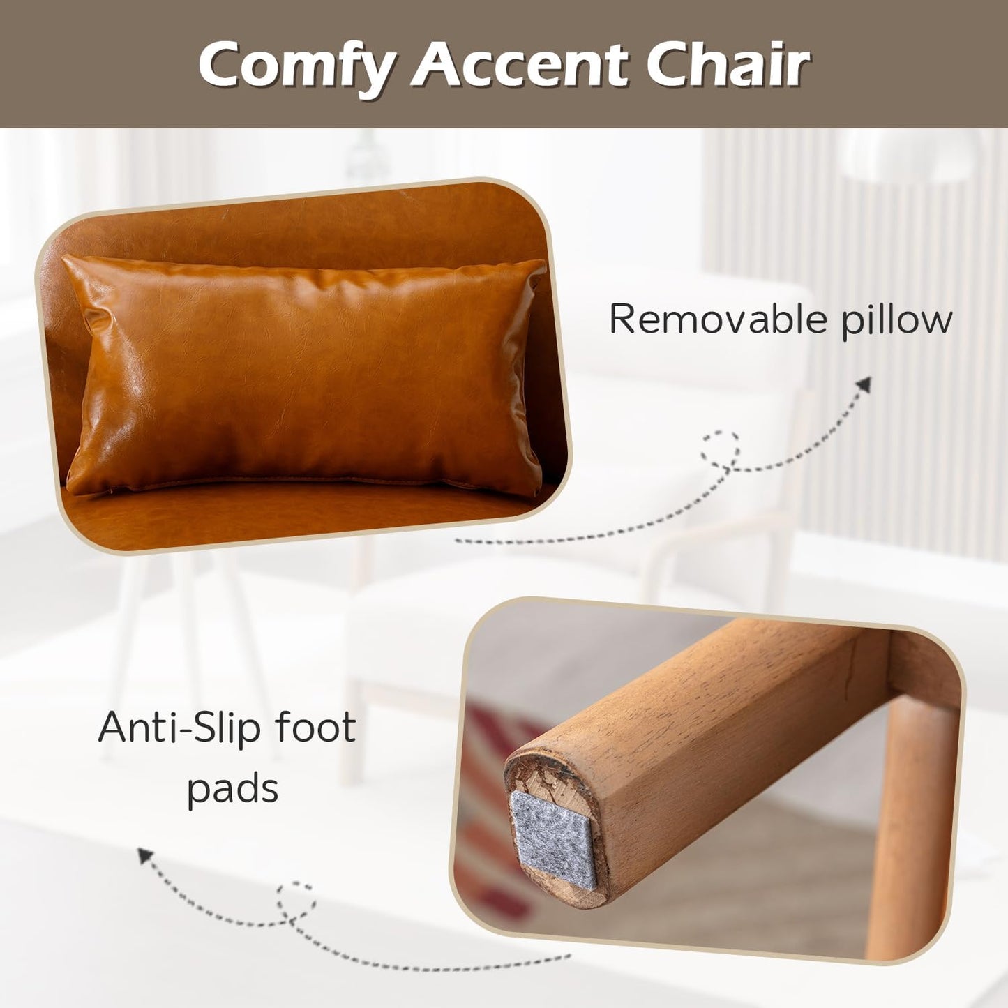 INZOY Mid Century Modern Accent Chair Set of 2, High Back Reading Armchair with Wood Frame, PU Leather Living Room Chairs with Waist Cushion, Single Lounge Arm Chair for Bedroom Sunroom, Camel