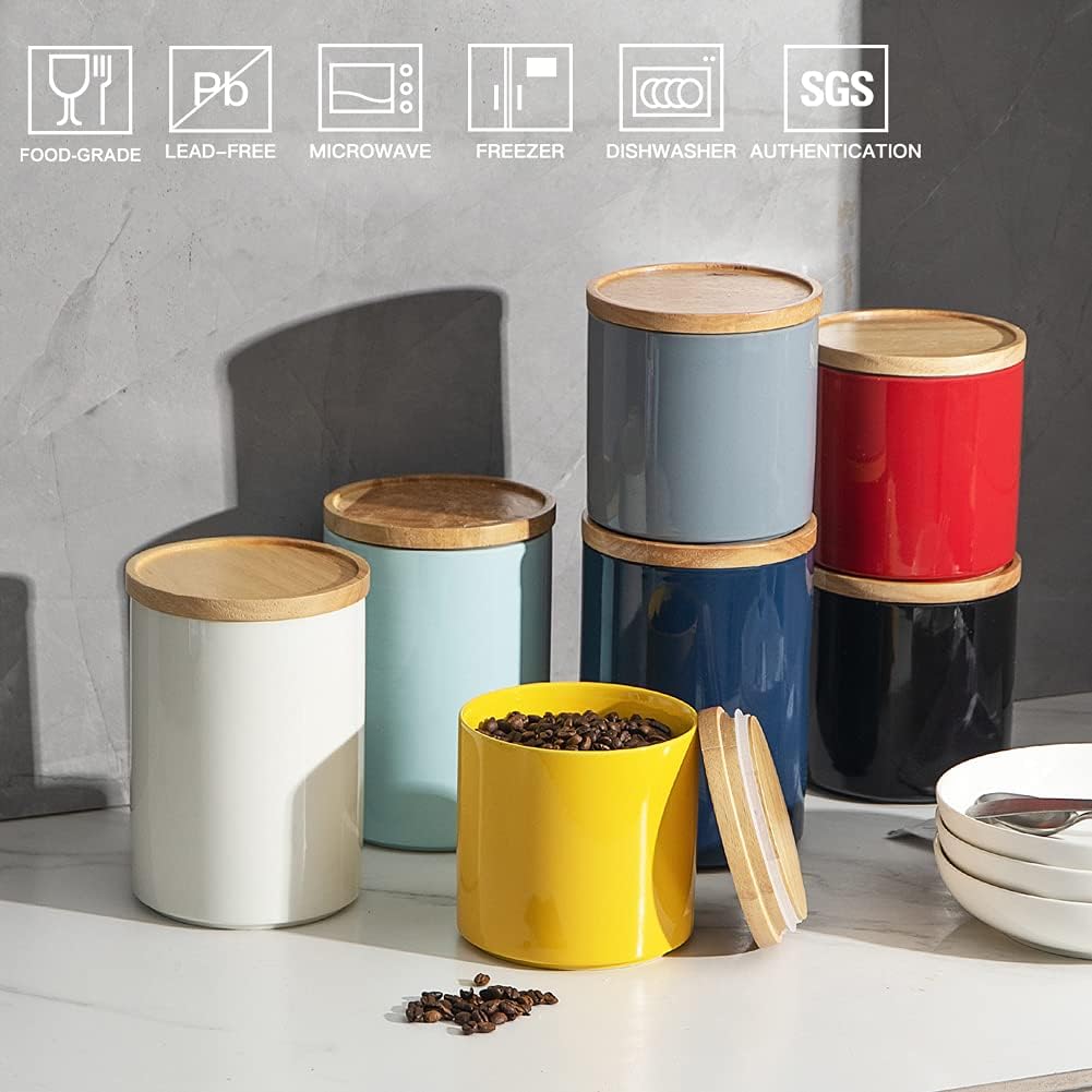 Sweejar Kitchen Canisters Ceramic Food Storage Jar, Stackable Containers with Airtight Seal Wooden Lid for Serving Coffee Bean, Flour, Tea, Spice and More - 39 Fl Oz (White)