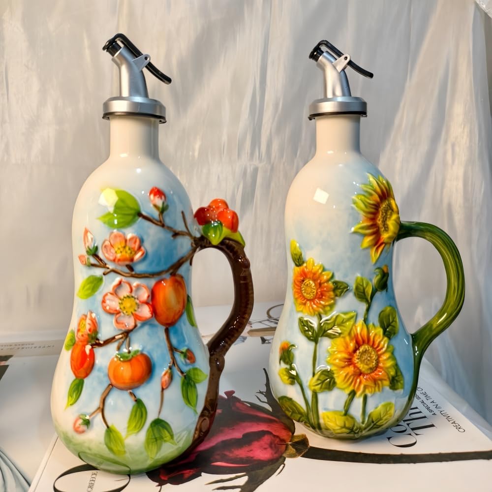 18.26oz/540ml Ceramics Olive Oil Dispenser Bottle,Hand Painted Reliefs Oil Dispenser for Kitchen,Oil Bottles for Kitchen (Blueberry)