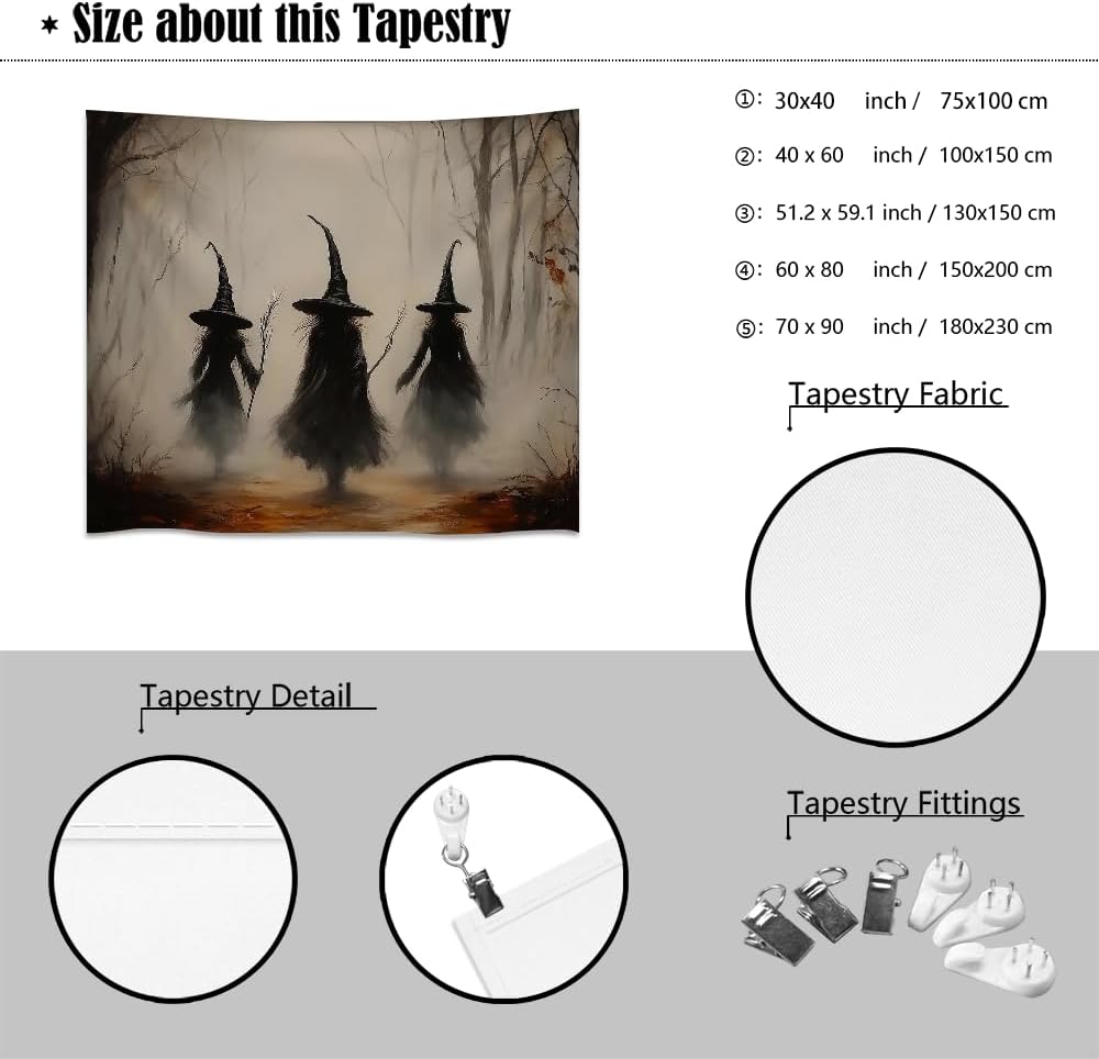 Witchy Halloween Tapestry Wall Hanging Vintage Spooky Witch Room Print Dark Academia Autumn Forest Three Witches Tapestries Decor for Halloween Living Room Bedroom Decoration 50x60inch