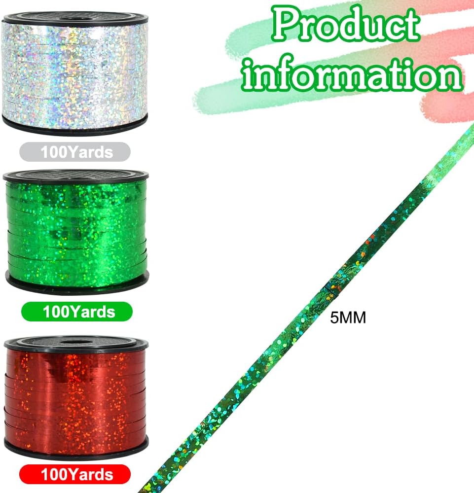 BEISHIDA 3 Pack Christmas Curling Ribbons Red Green Silver Balloons String Ribbons for Gift Wrapping Party Decorations（Total 300 Yards）