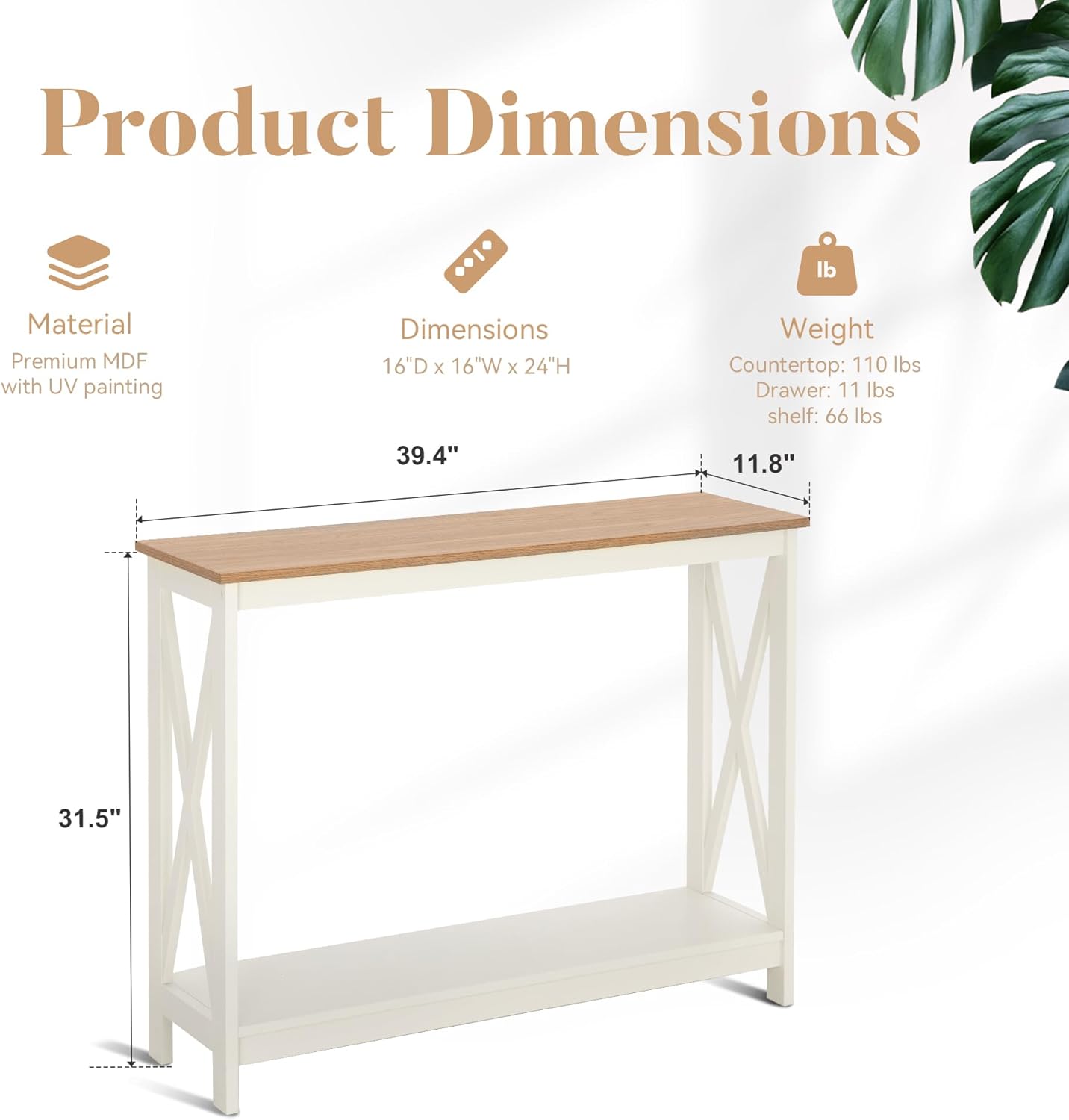 ALPHA HOME Console Table for Entryway, 2 Tier Storage Shelf Farmhouse Entryway Table, X-Shaped Design Narrow Sofa Table for Hallway, Living Room, Ivory