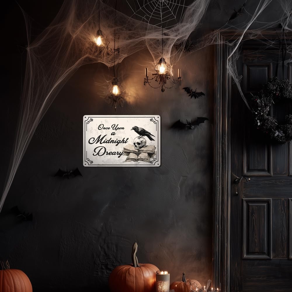 Heuhuww Vintage Gothic Wall Decor-Once Upon A Midnight Dreary Gothic Metal Sign for Home Room,The Raven, Literary Gift 8"x12"(H28)