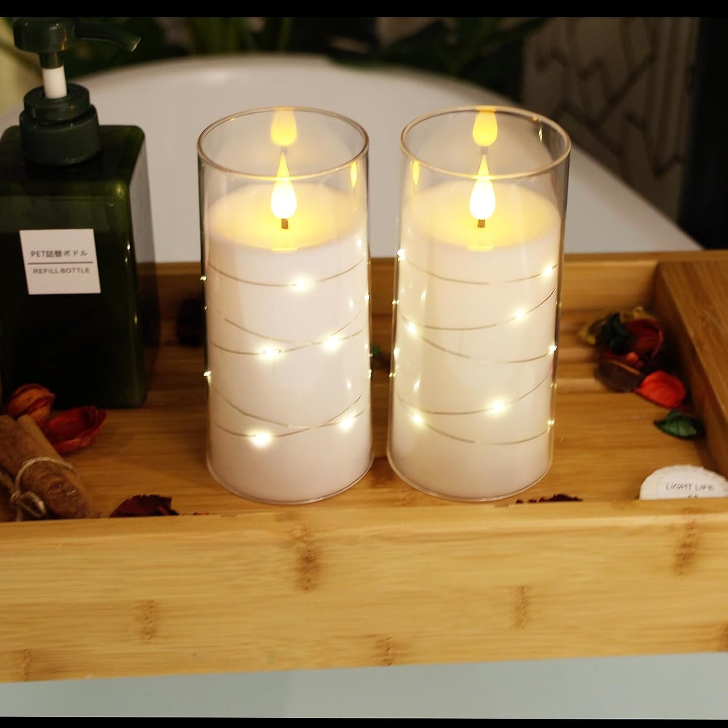NURADA Flickering Flameless Candles: Built-in Star String Lights, Acrylic Battery Operated LED Pillar Candles with Remote and Timer for Romantic Mood Home Decoration - 2 Pack Pure White