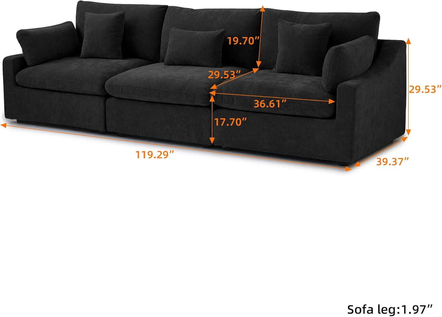 JACH Sectional Couches for Living Room, 3 Seater Cloud Sectional Couch with Deep Seat, Down Filled Modular Sofa, Covers Removeable & Washable, Sofas Furniture for Living Room, Black