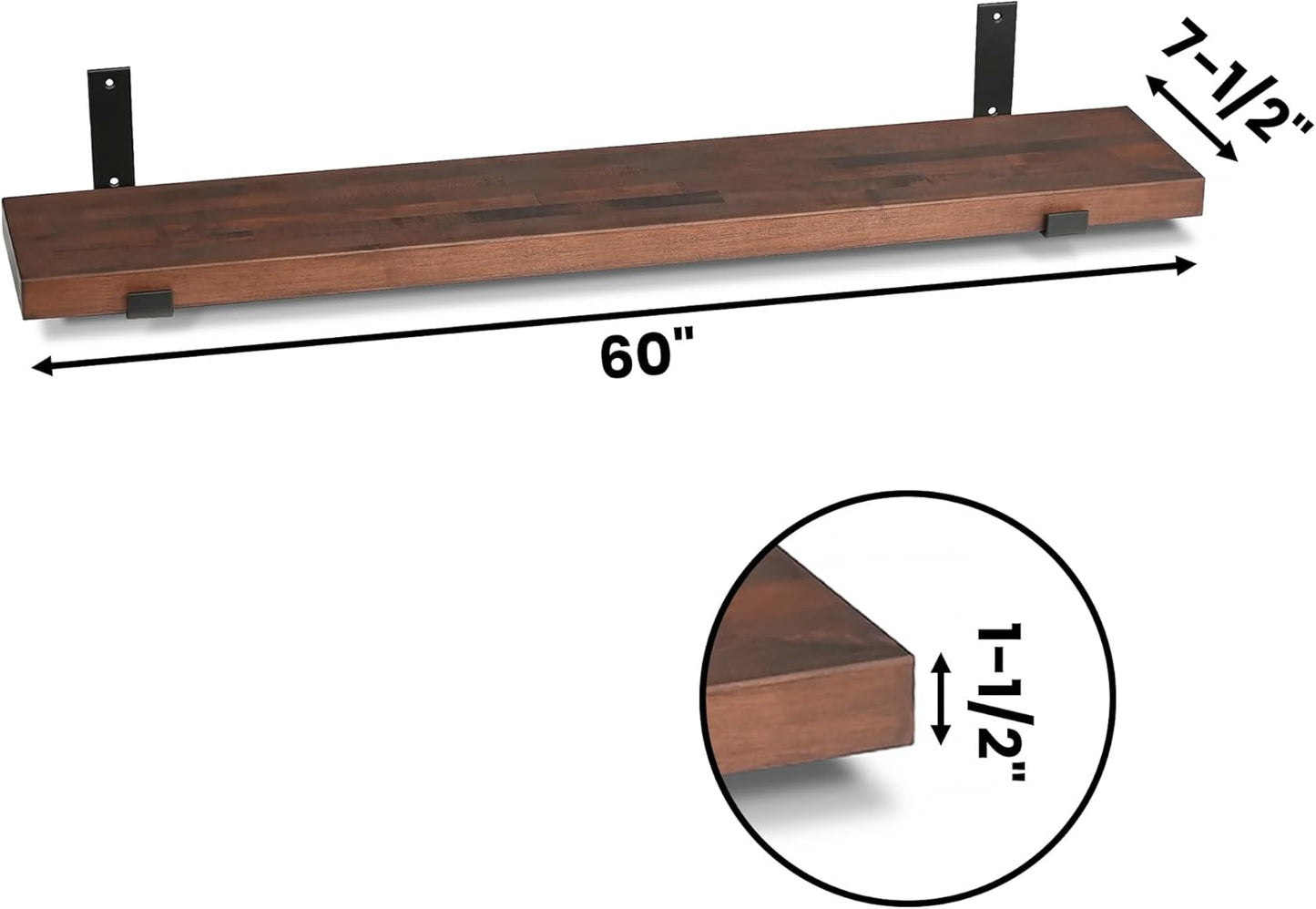 CONSDAN Floating Shelf for Wall Mounted Book Shelf Hanging Shelves Floating Bookshelf for Bedroom, Bathroom, Living Room, Kitchen USA Grown Solid Hardwood, Dark Maple 60x7.5x1.5 in