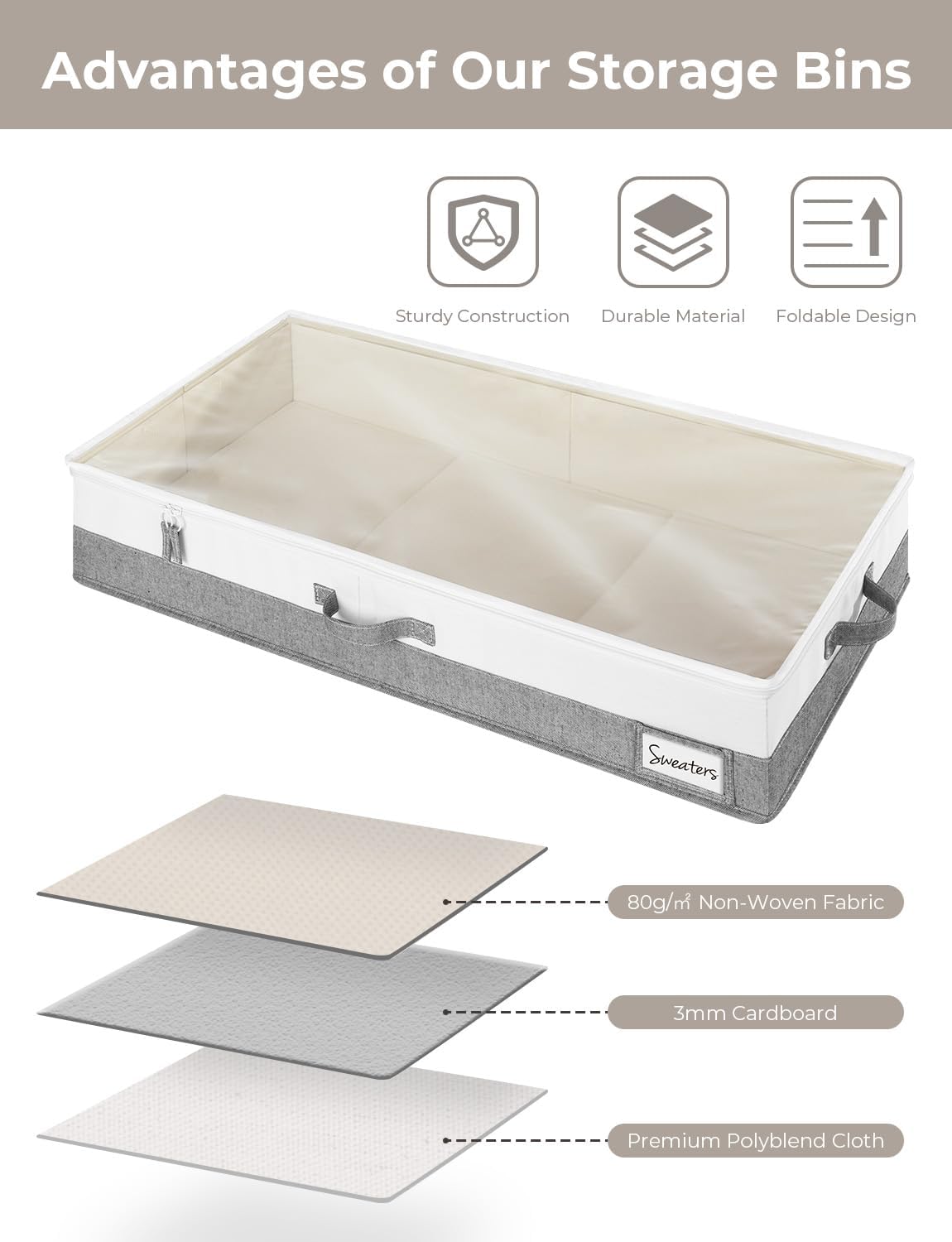 StorageWorks Large Under Bed Storage Containers with Handles and Label Holder, 2 Pack Ultra-thick Fabric Underbed Bins, Closet Organizer for Clothes, Blankets, Sweater