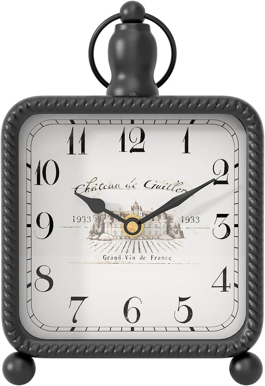 Vintage Black Table Clock on Stand, Desk and Shelf Decor Clock, French Rustic Style Non-Ticking Mantel Clocks for Farmhouse, Living Room, Bedroom, Bedside, Gift (8.5" H x 5.5" W)