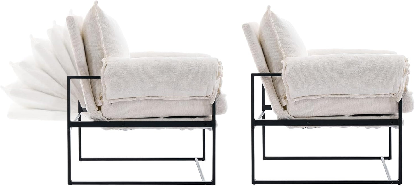 YISHENG Accent Chair with 6-Angle Adjustable Backrest, Chenille Fabric Living Room Chair Upholstered Lounge Chair, Modern Chair Cozy Reclining Chair for Reading Room, Set of 2 White