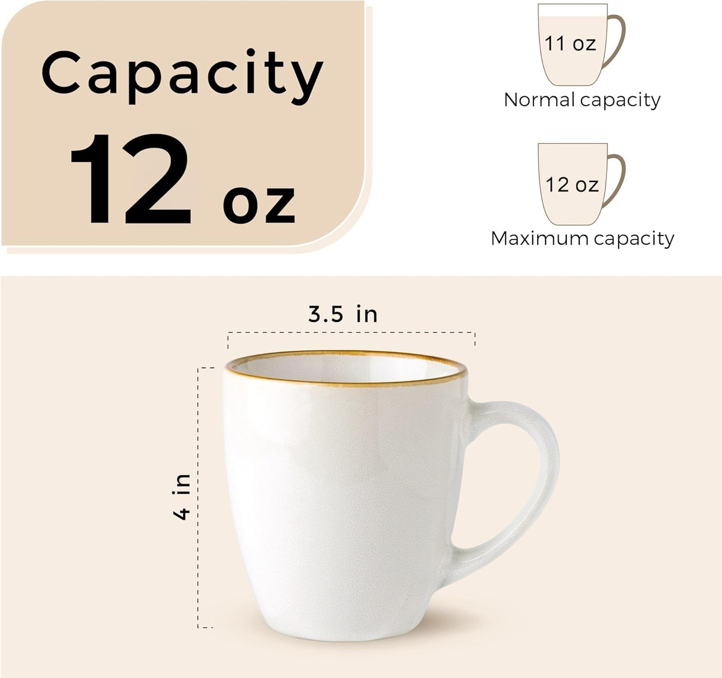 GBHOME Ceramic Coffee Mugs Set of 6, 12oz Stoneware Coffee Mugs Set For Dad Mom Women MEN, Light Weight Ceramic Coffee Cups for Latte/Tea/Beer/Hot Cocoa, Dishwasher & Microwave Safe-Pearl White