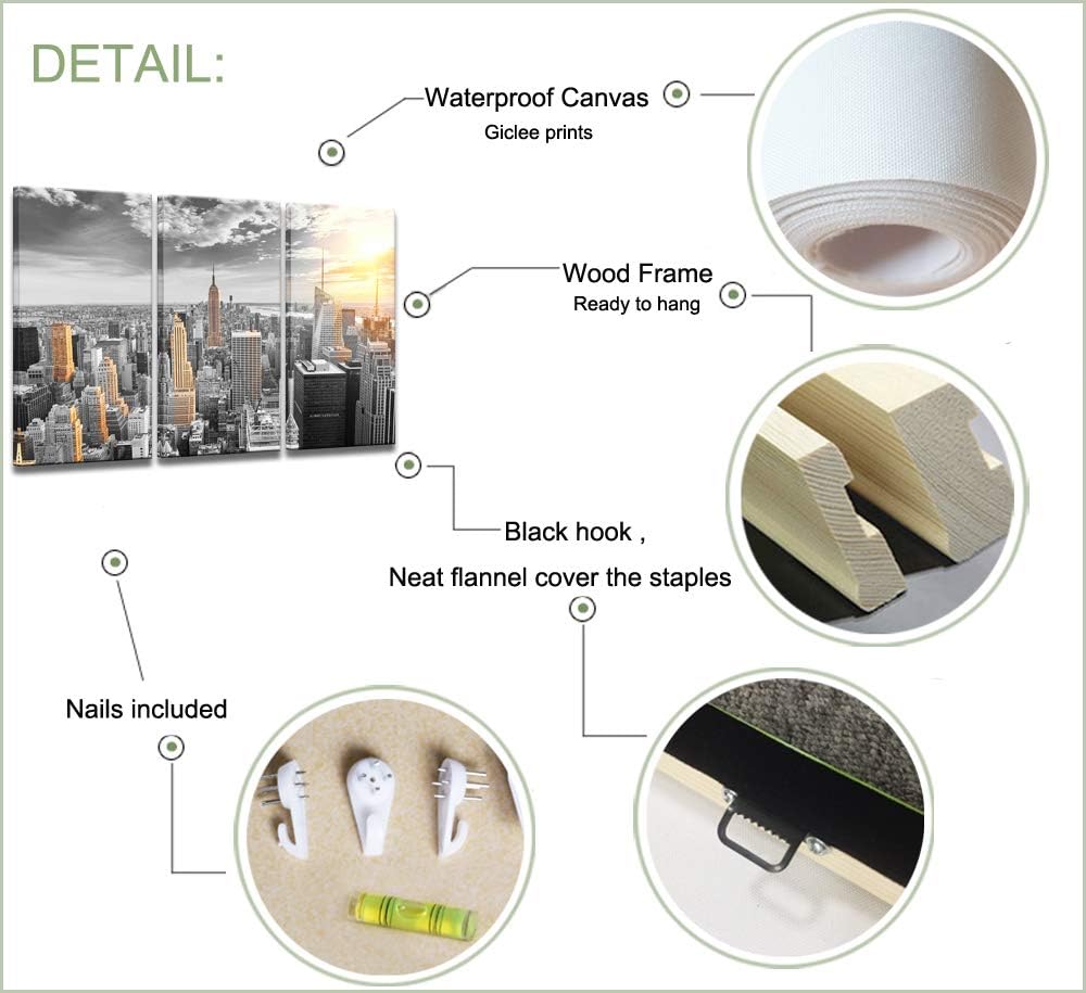 LevvArts Large 3 Piece New York City Canvas Wall Art Modern Black and White NYC at Gold Sunset Picture Prints Cityscape Skyline Poster Framed for Home Office Living Room Decor