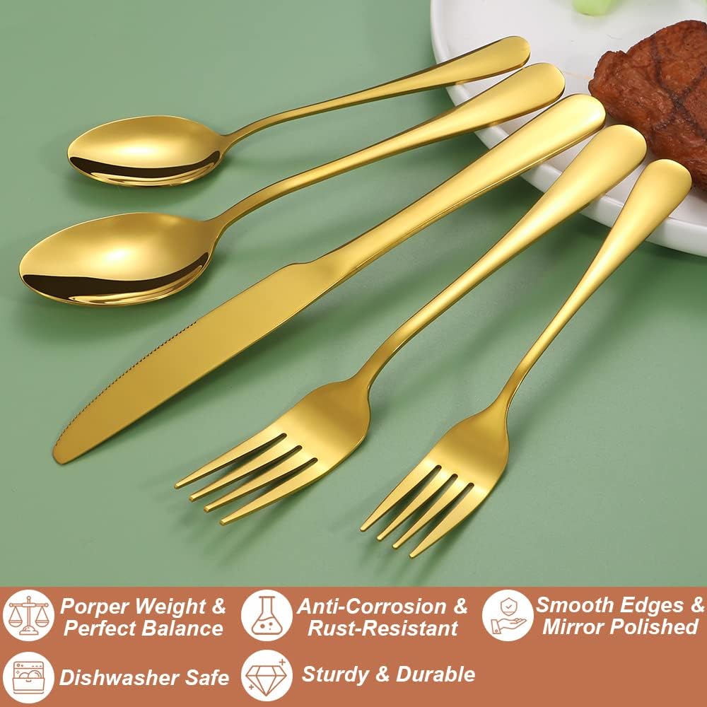 Lazycorner 40 Pcs Gold Silverware Set for 8, Food Grade Stainless Steel Flatware Set Include Fork/Knife/Spoon, Mirror Polished Eating Utensils Sets, Reusable Silverwear Cutlery Set, Dishwasher Safe