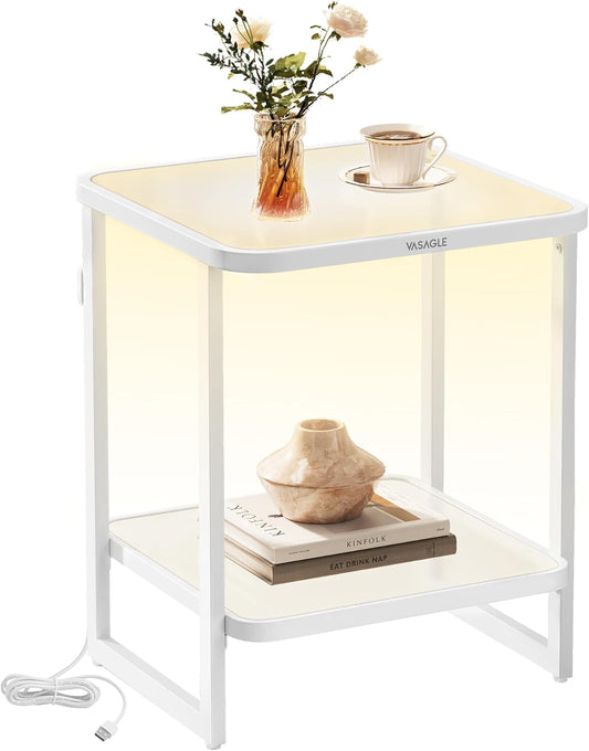 VASAGLE End Table, 2-Tier Side Table with LED Lights, Modern Nightstand, Square Bedside Table, Frosted Glass, Bottom Shelf, for Bedroom, Cloud White and Pearl White ULET232W01