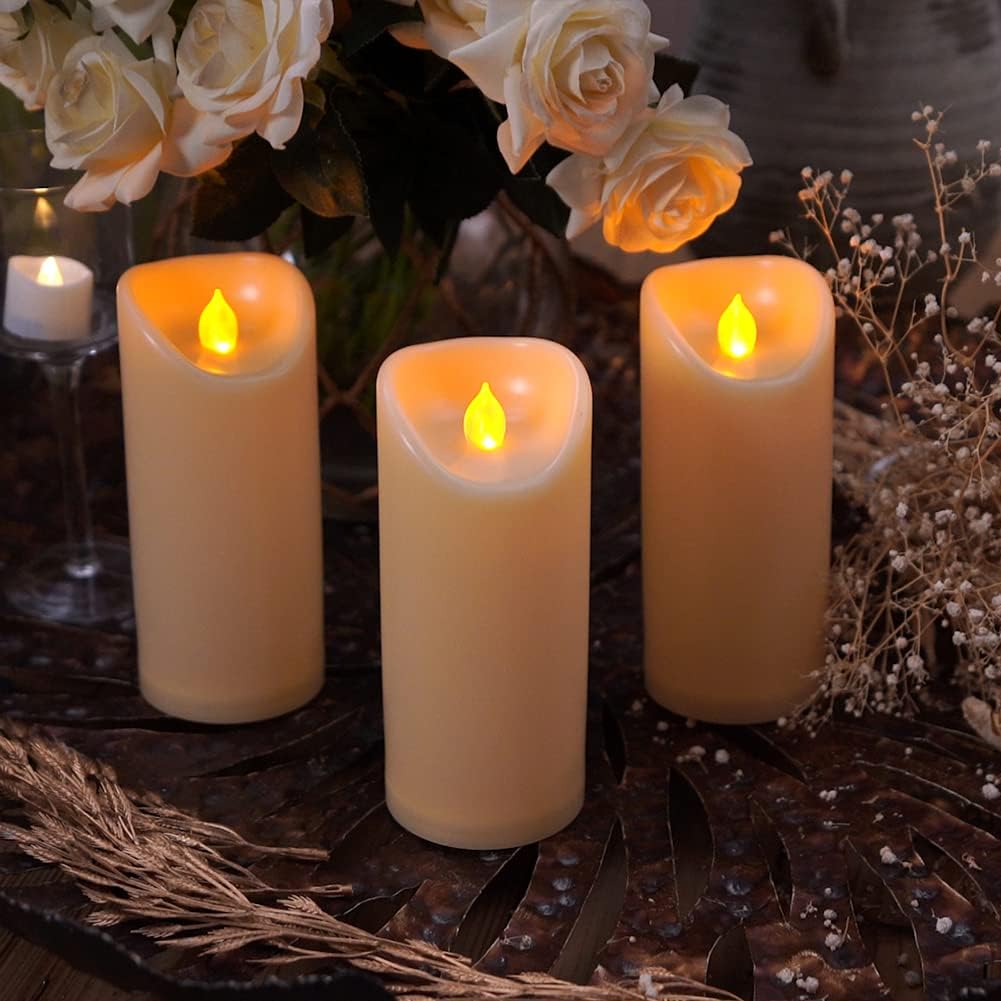 Homemory 3"x7" Outdoor Waterproof Flameless Candles with Timers and Remote Control, Battery Operated Candles, LED Plastic Candles, Ivory, Set of 3