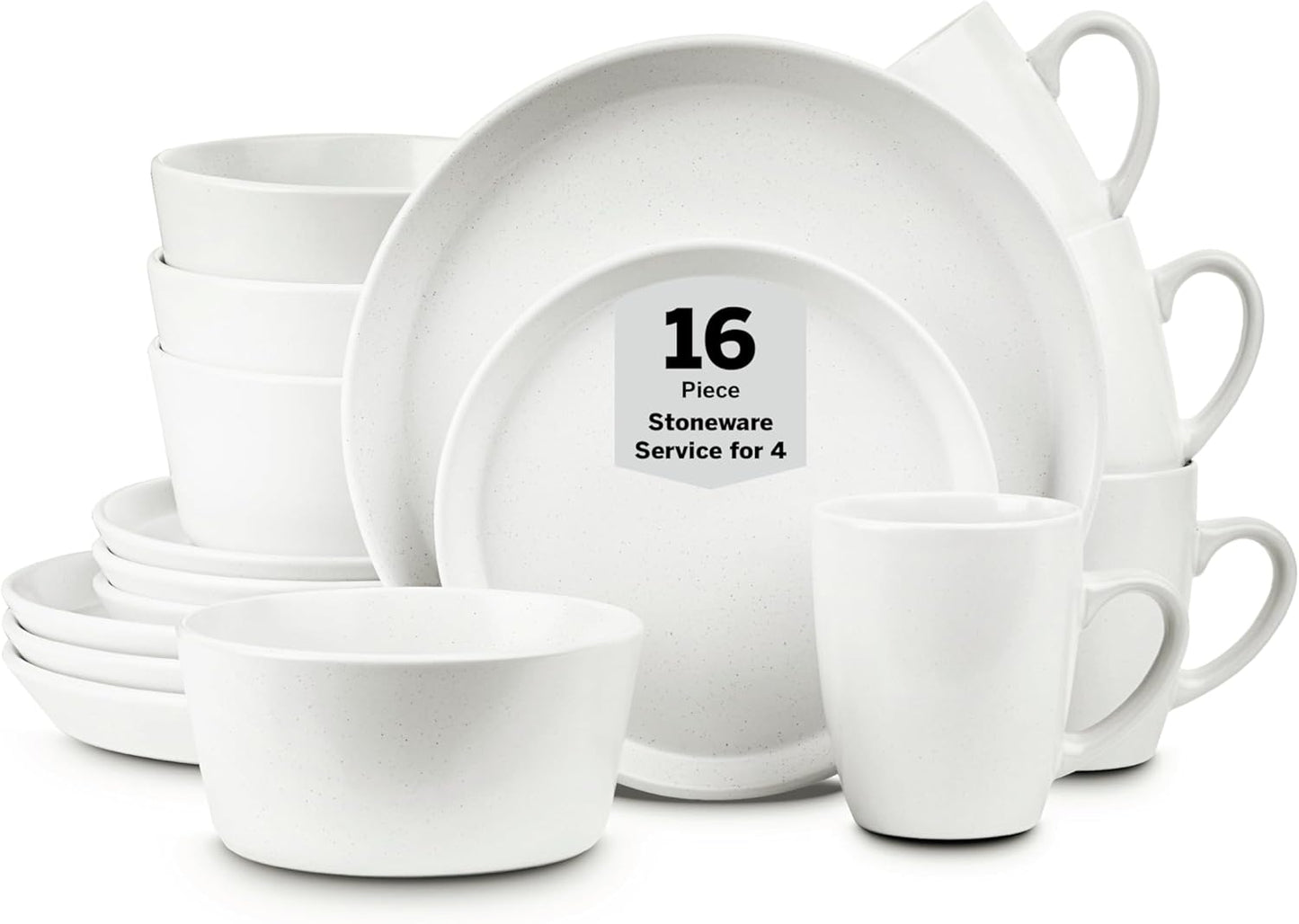Stone Lain Albie Stoneware 16 Piece Dinnerware Set, Plates and Bowls Sets, Dish Set for 4, White Speckled, Microwave & Dishwasher Safe