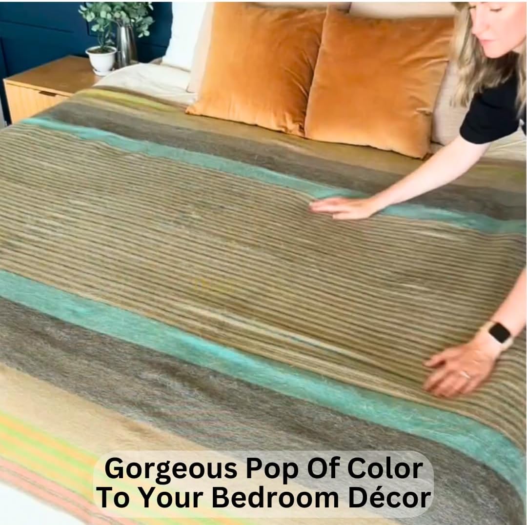 Alpaca Wool Throw Blanket | Super Soft, Lightweight, Breathable and Hypoallergenic | Non-Itchy or Scratchy (Green Gray Varicolored, Queen (U.S. Standard))