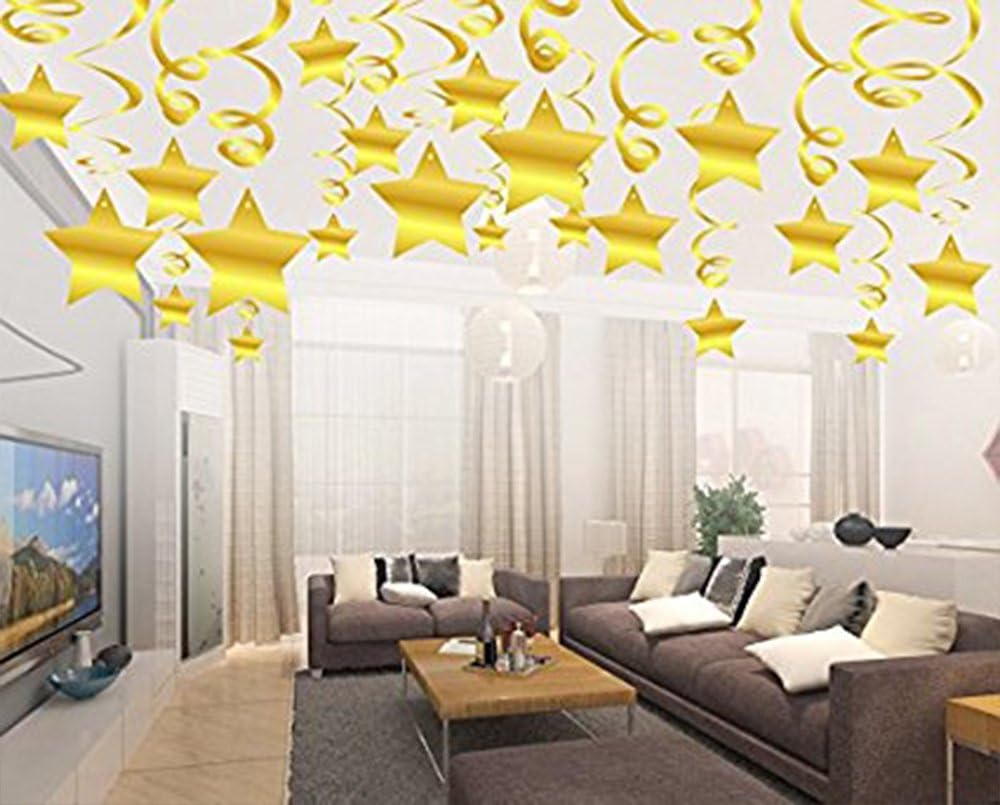 Party Swirl Decorations, Hanging Swirl for Ceiling Decorations, Gold with Star, Pack of 30