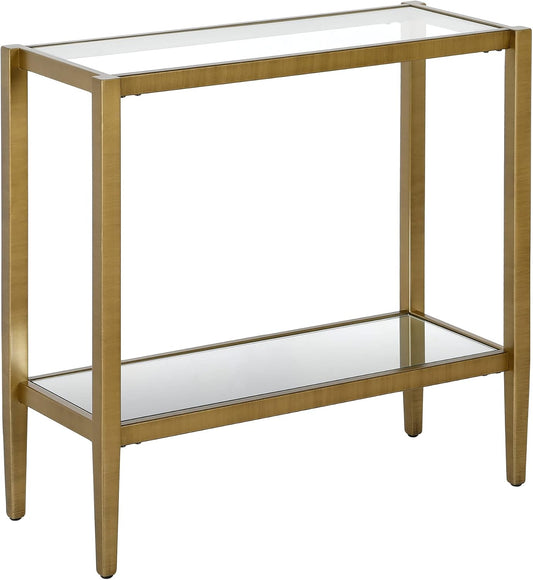 Henn&Hart 24" Wide Rectangular Side Table with Glass Shelf in Antique Brass, Table for Living Room, Bedroom