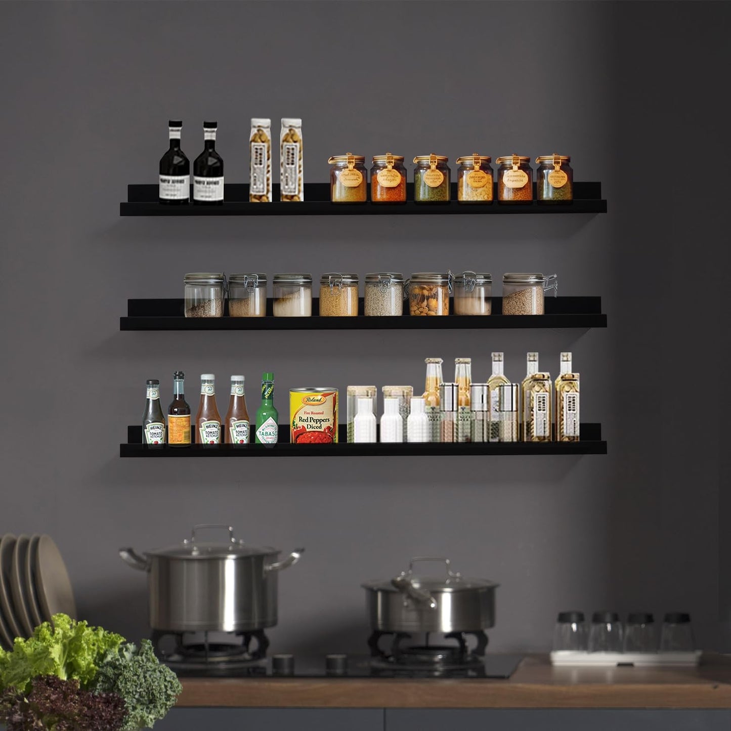 Long Floating Folding Shelves 48 Inch Wood Picture Ledge Shelf with Lip for Wall Black Storage Shelves for Kids Room Photo Shelves Wall Organizer Set of 3 for Bedroom Living Room Bathroom Kitchen