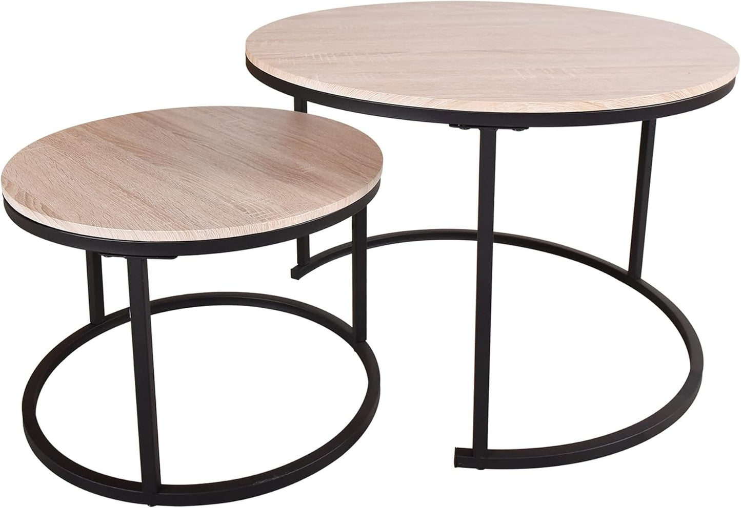 Round Coffee Tables Nesting Side Set of 2 End Tables for Living Room,Round Table with Solid Powder-Coated Metal Frame Natural Wood Color