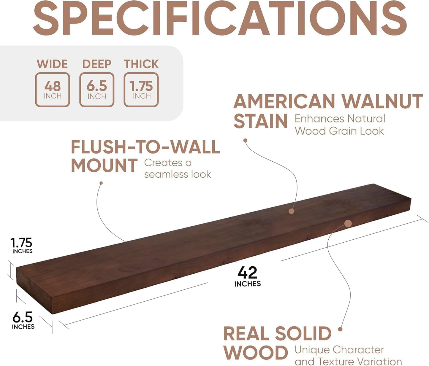 Homeforia Walnut 42 inch Floating Shelves, High End Solid Real Wood 42inch Floating Shelf for Wall, Large Dark Brown 42 inches Long Floating Shelves, Heavy Duty Bracket, 42 X 6.5 X 1.75 inch, Set of 2