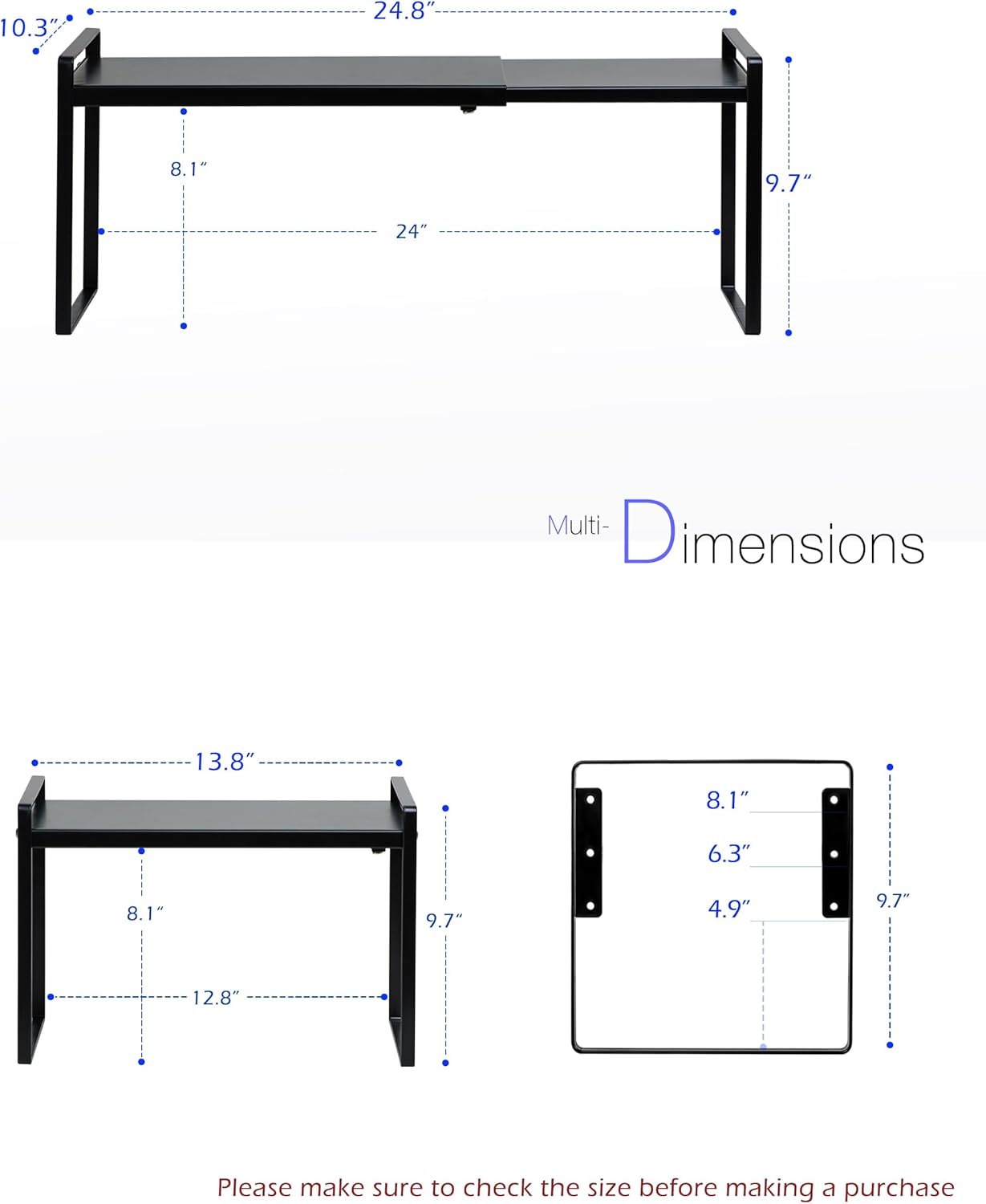 Nxconsu Cabinet Shelf Expandable Height Adjustable Organizer Riser for Kitchen Cabinet Pantry Cupboard Under Sink Countertop Organization Storage Space Saver Stackable Heavy Duty Metal Black XL