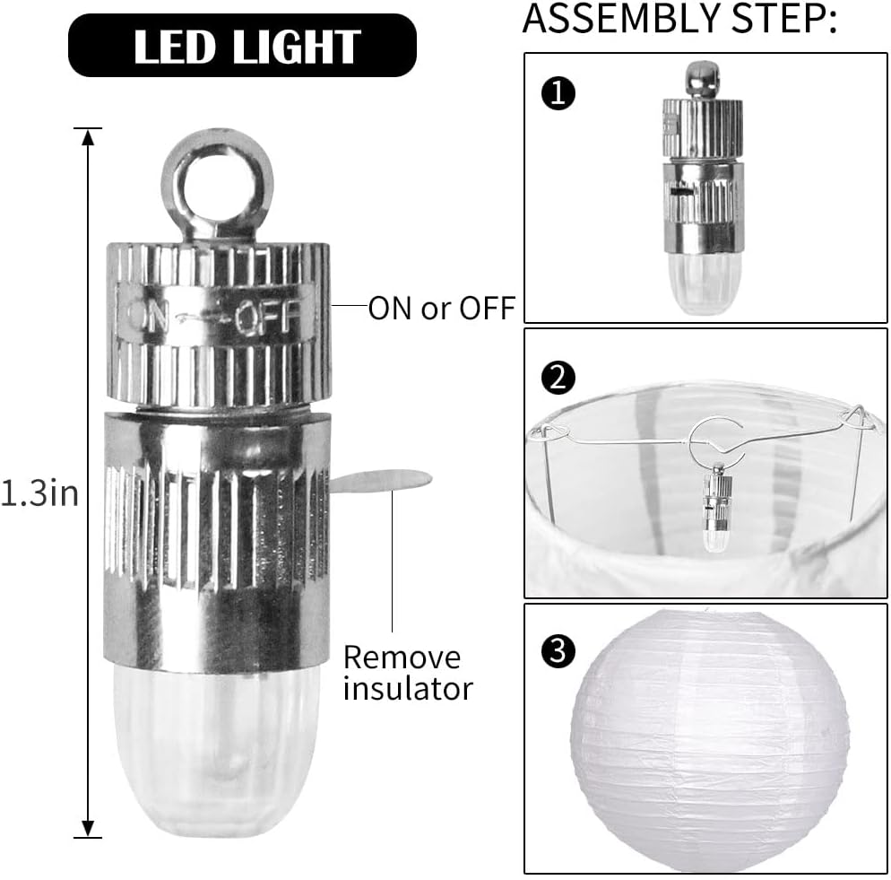 Paper Lanterns Decorative, White Hanging Round Chinese Lanterns with Lights for Wedding Anniversary Birthday Party 12 LED Light Pack of 12