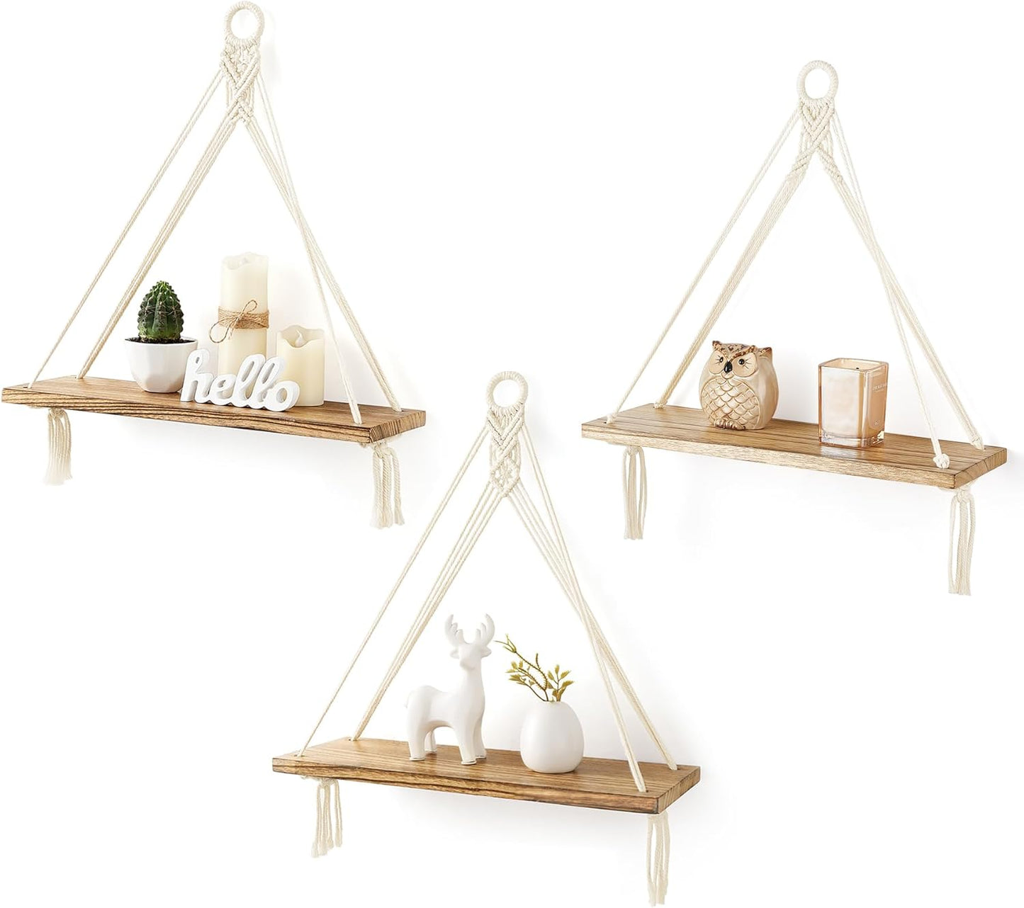 Mkono Macrame Hanging Shelves Boho Wall Decor Set of 3 Rustic Wood Floating Storage Shelf for Bedroom Bathroom Living Room Nursery Dorm Room, Display Shelving for Hanging Plants Photos