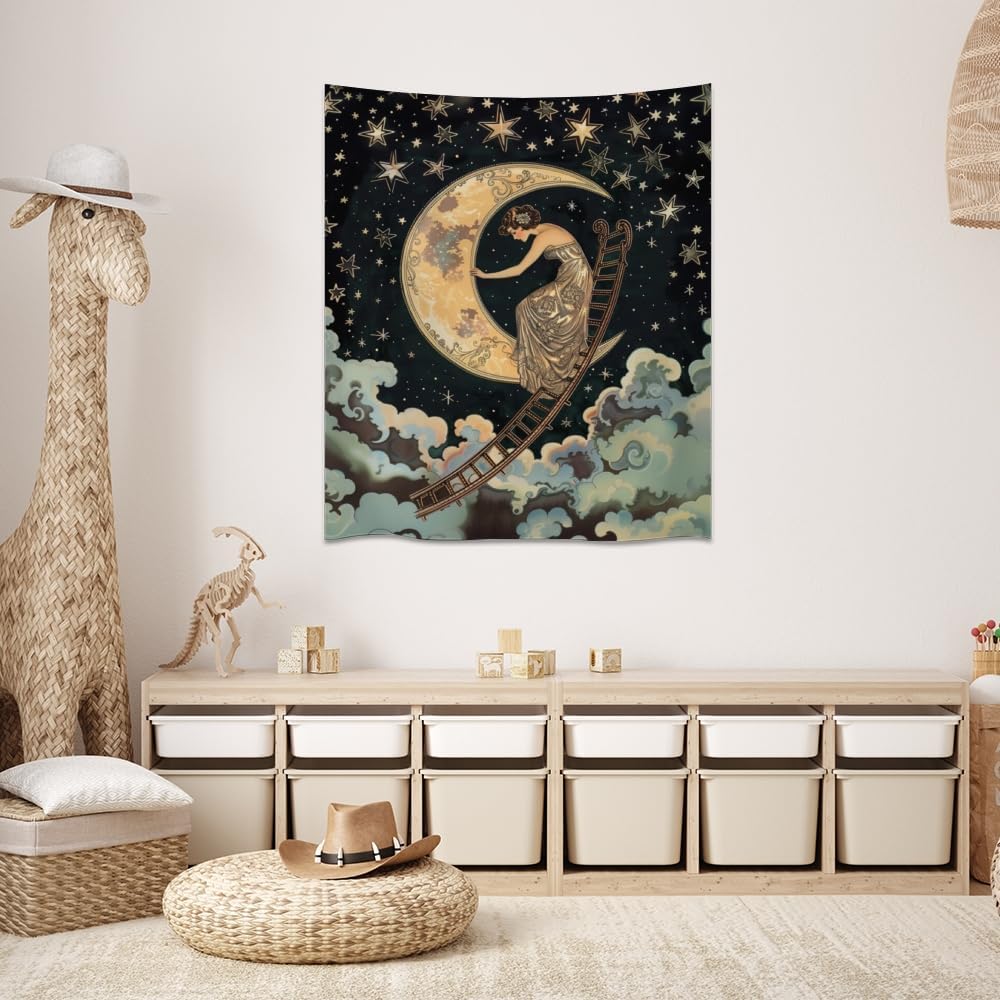 Dark Academia Gothic Aesthetic Tapestry ladder to The Moon and Stars Wall Hanging Print Trendy Vintage Art Nouveau Tapestries Decor for Home Bedroom Living Room 40x60inch