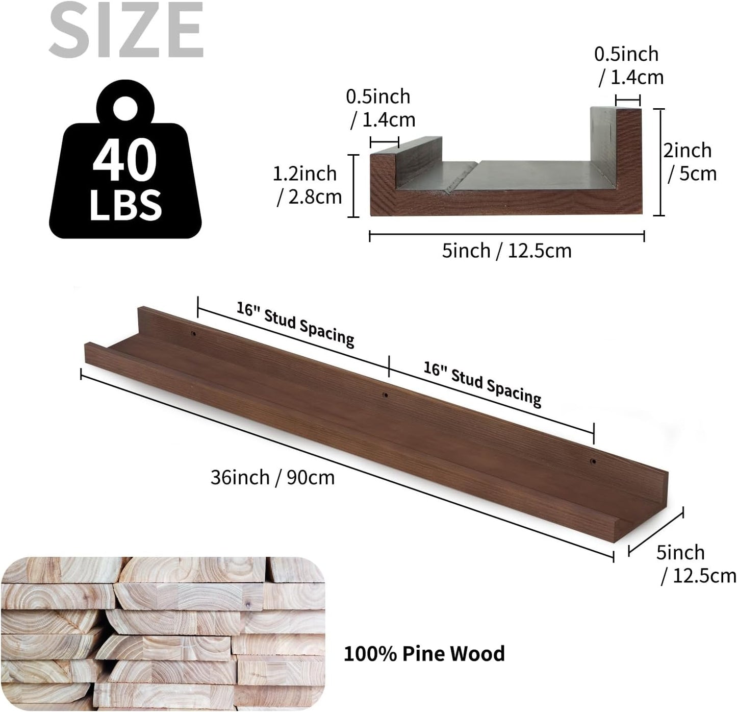 SAUMONIERES Picture Ledge Shelf Floating Book Shelves Set of 2 Wall Mounted Solid Wood for Bedroom Bathroom Living Room Kitchen, 36 Inch Walnut