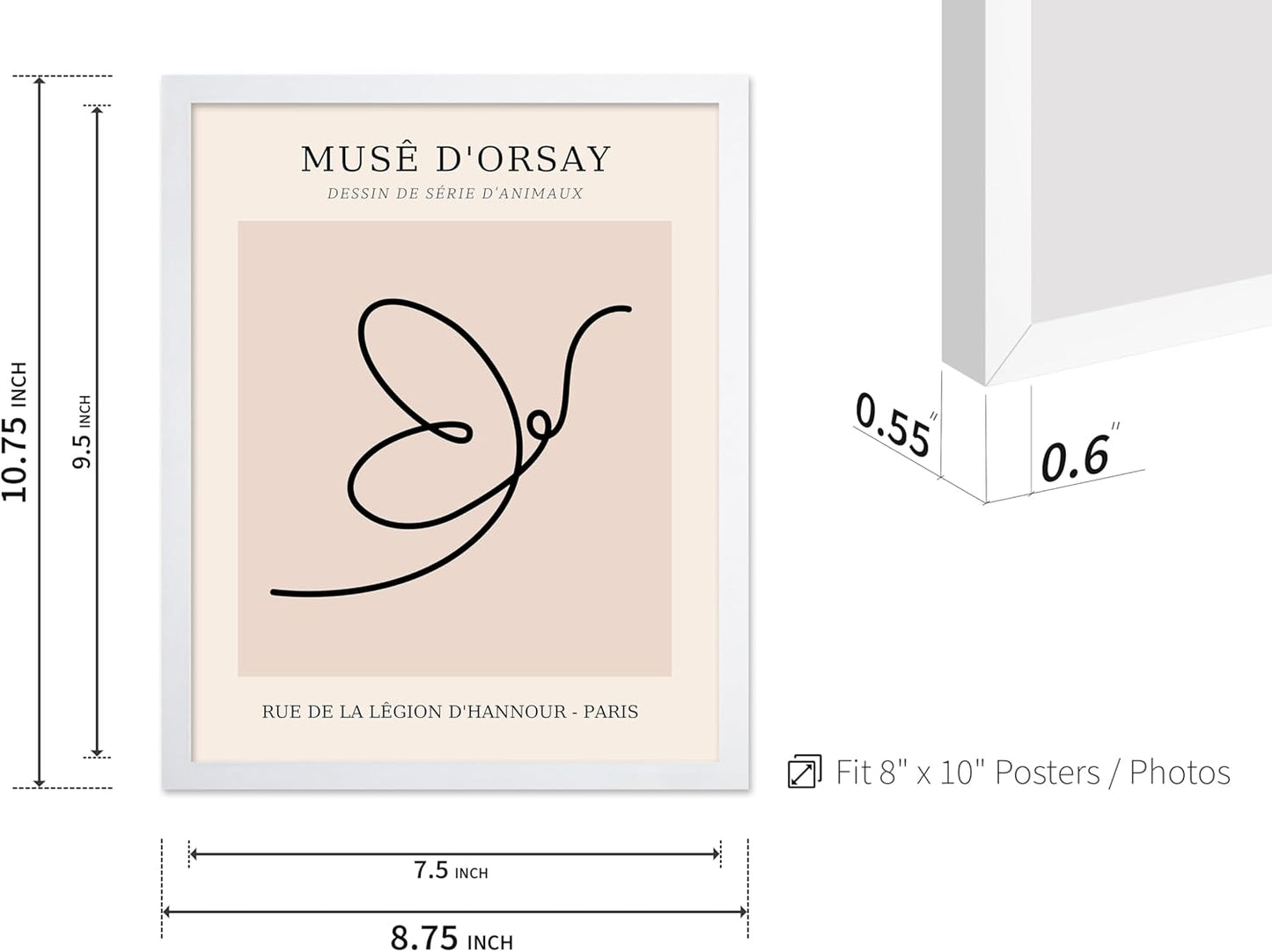 Poster Master Vintage Poster - Retro One Line Butterfly Drawing Print - Butterfly Line Art - Minimal Gift for Him, Her, Animal Lover - Abstract Decor for Home, Office, 8x10 White Framed