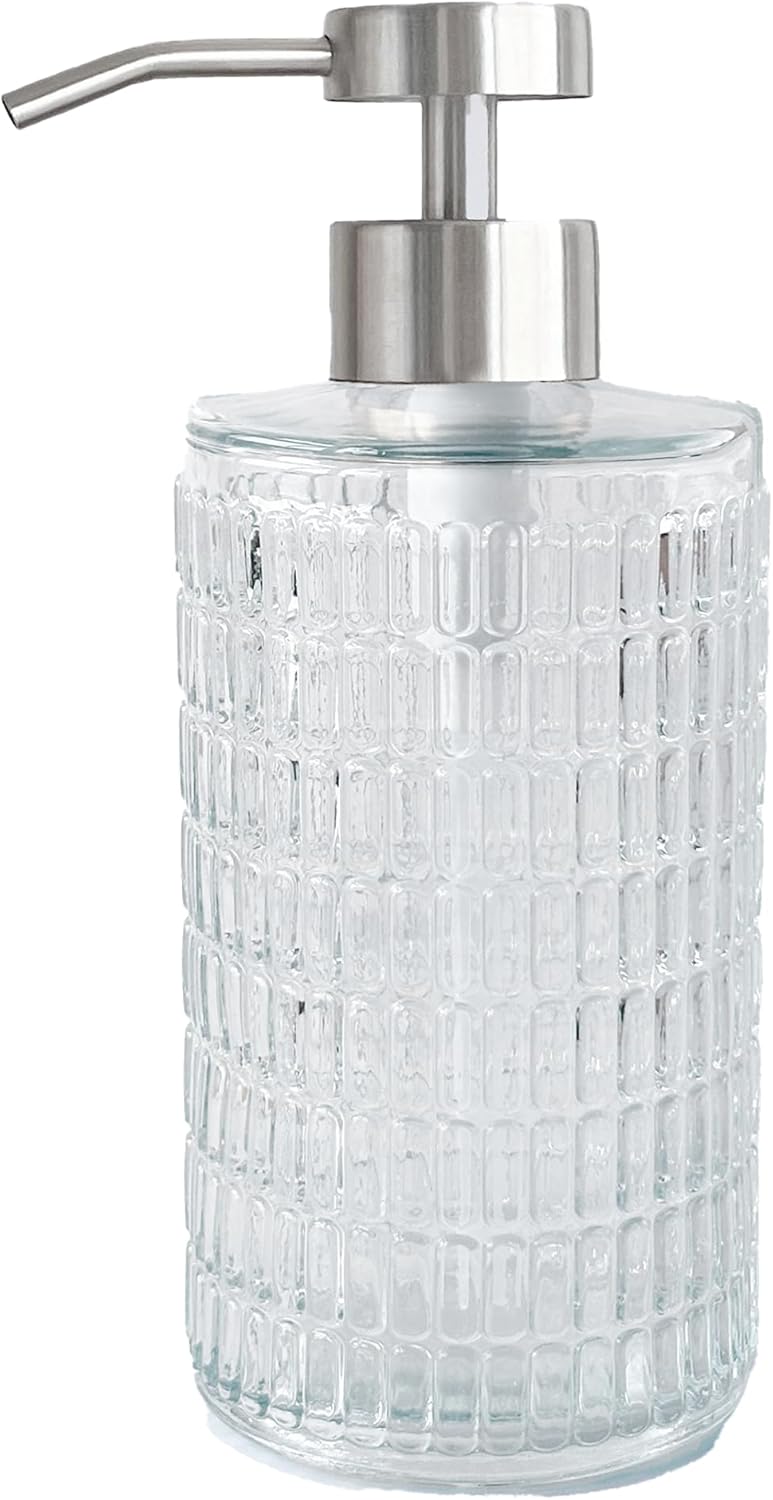 Lunestella Elegant Glass Hand Soap Dispenser with Stainless Steel Pump, for Bathroom and Kitchen, Rust Proof, 17oz (Silver)