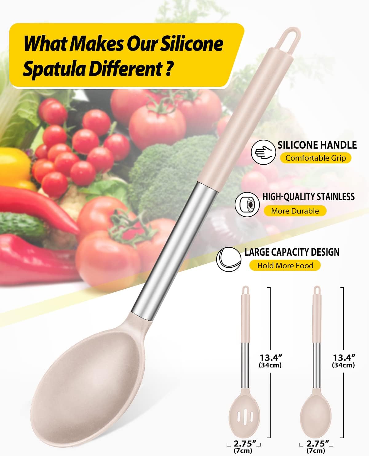 Pack of 2 Large Silicone Cooking Spoons,Non Stick Solid Basting Spoon,Heat-Resistant Kitchen Utensils for Mixing,Serving,Draining,Stirring (STAINLESS STEEL KHAKI)